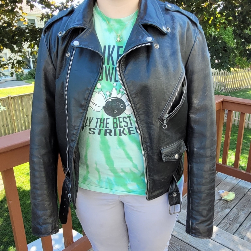 Black leather biker jacket